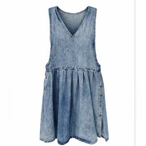 Vintage 80 90 Acid Wash Denim Drop Waist Button Sides Overall Jumper Dress MED.